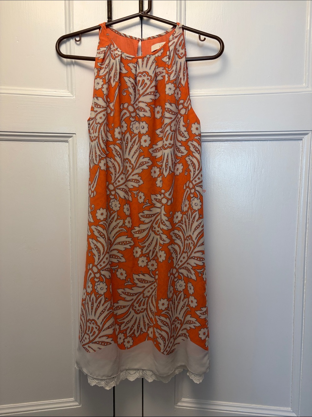 LOFT Orange Floral Halter Midi Dress with Ivory Trim